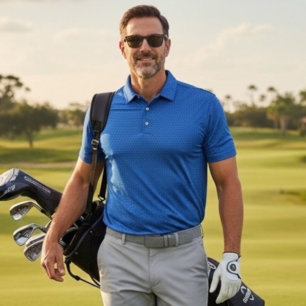 USA Palm Mens XL Blue Geometric Print Performance Golf Polo Shirt Short Sleeve